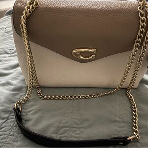 Coach Two-Tone Leather Shoulder Bag with Gold Chain